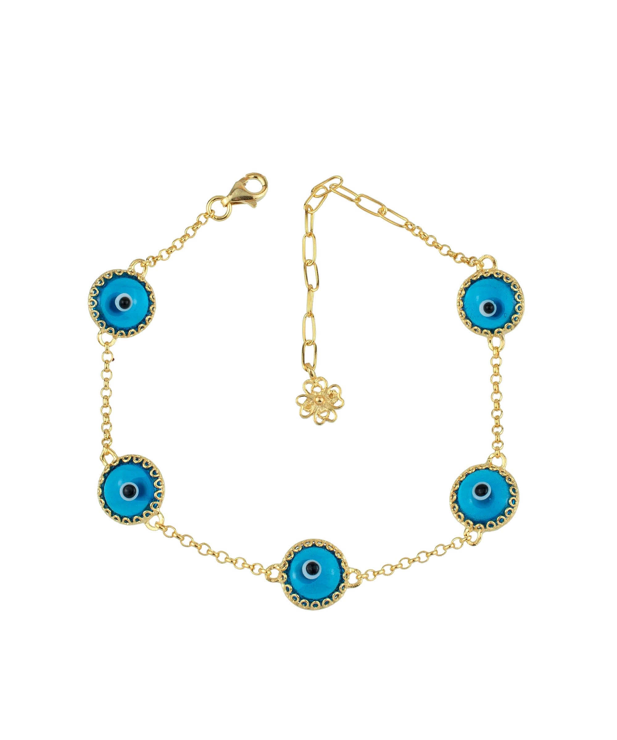 5 Beads Lapis Blue Evil Eye Women Gold Plated Silver Link Bracelet