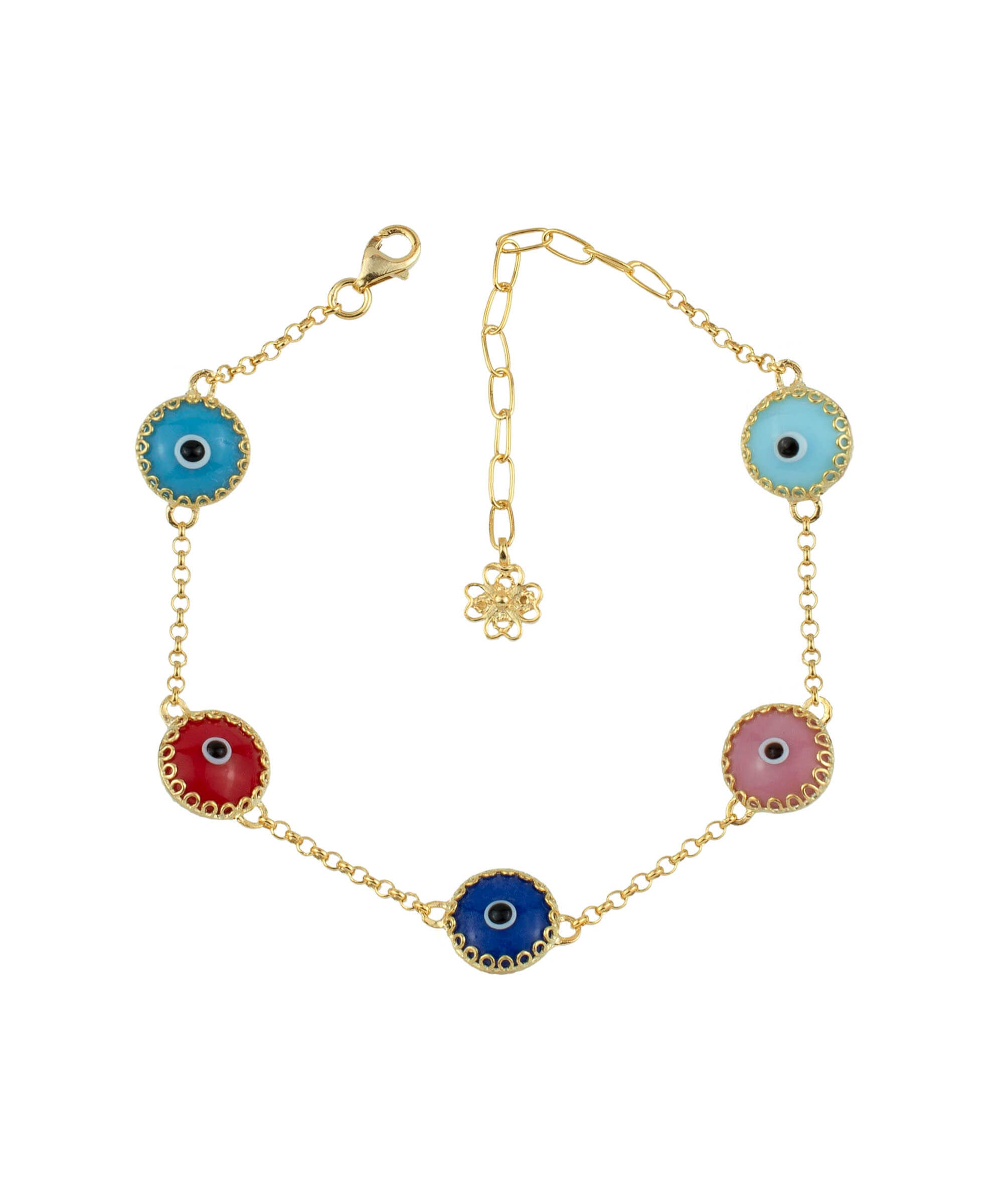 5 Beads Multi Color Evil Eye Women Gold Plated Silver Link Bracelet