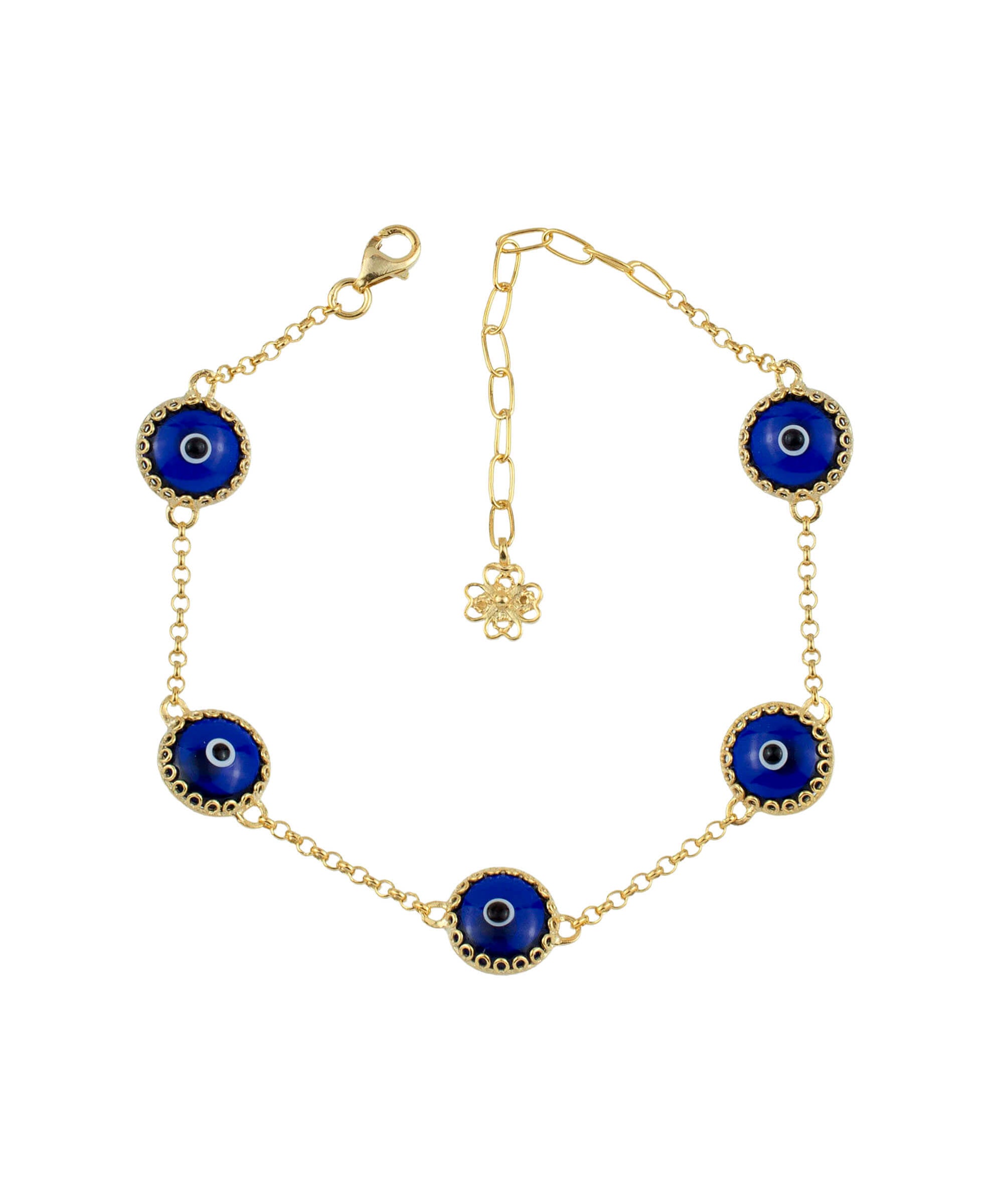 5 Beads Dark Blue Evil Eye Women Gold Plated Silver Link Bracelet