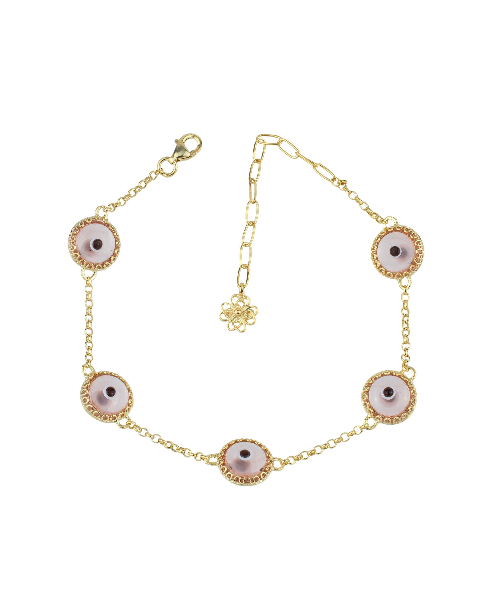 5 Beads Pink Evil Eye Women Gold Plated Silver Link Bracelet