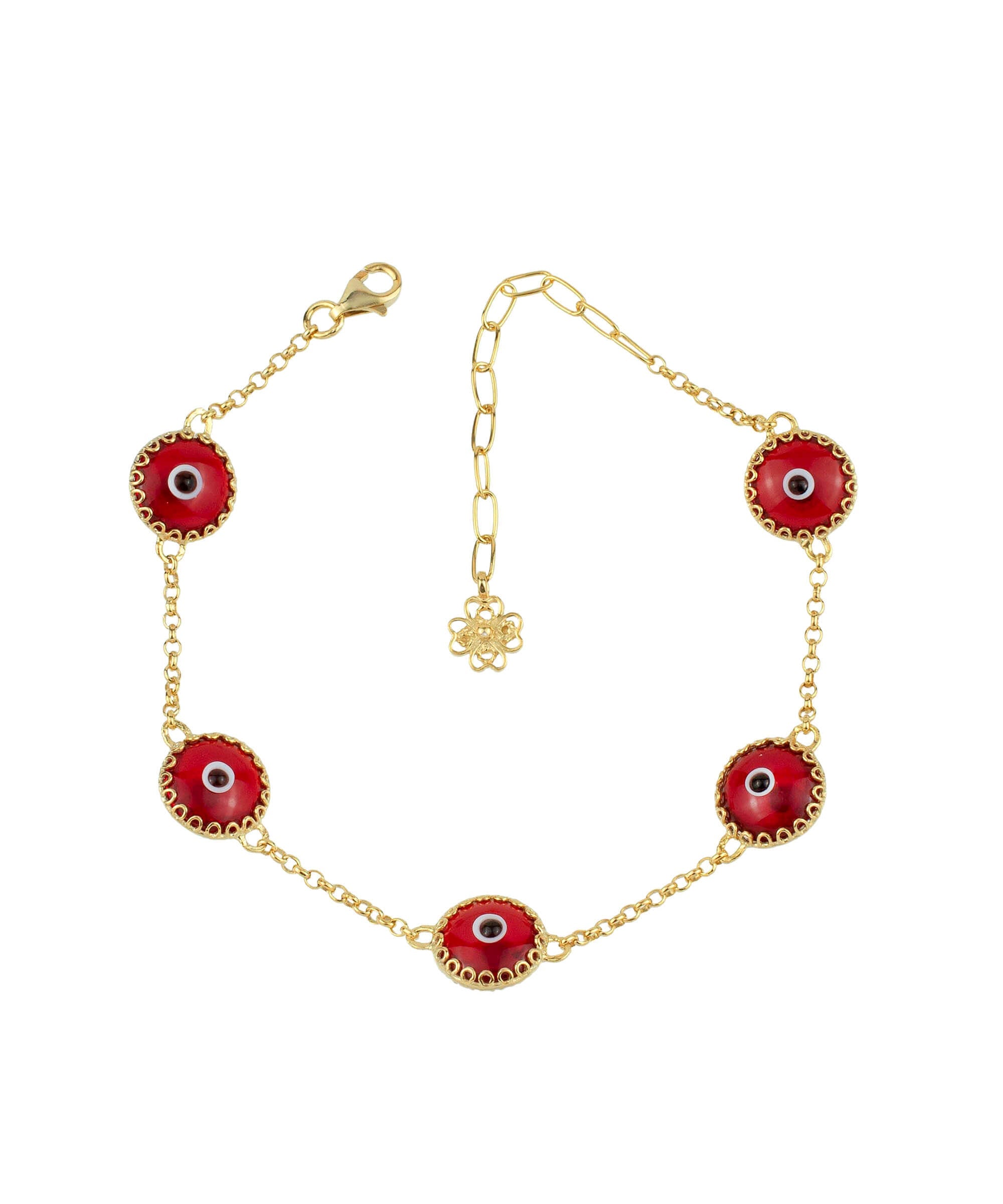 5 Beads Red Evil Eye Women Gold Plated Silver Link Bracelet