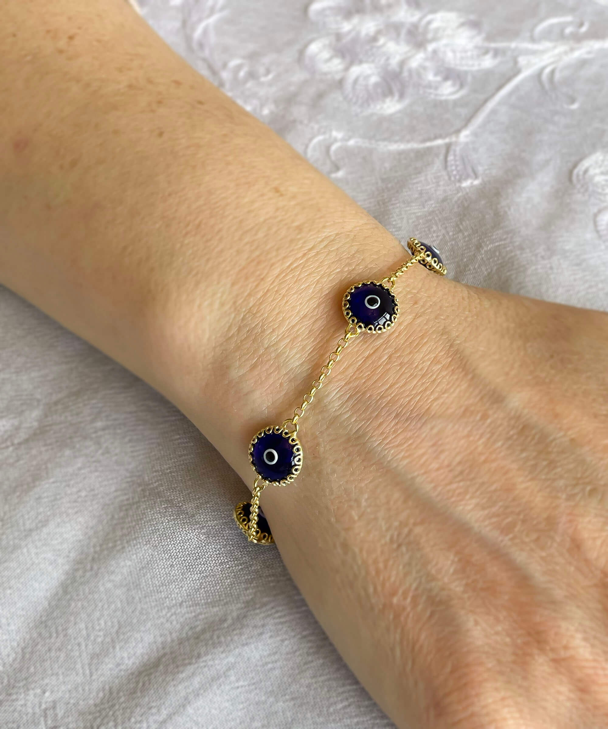 5 Beads Dark Blue Evil Eye Women Gold Plated Silver Link Bracelet