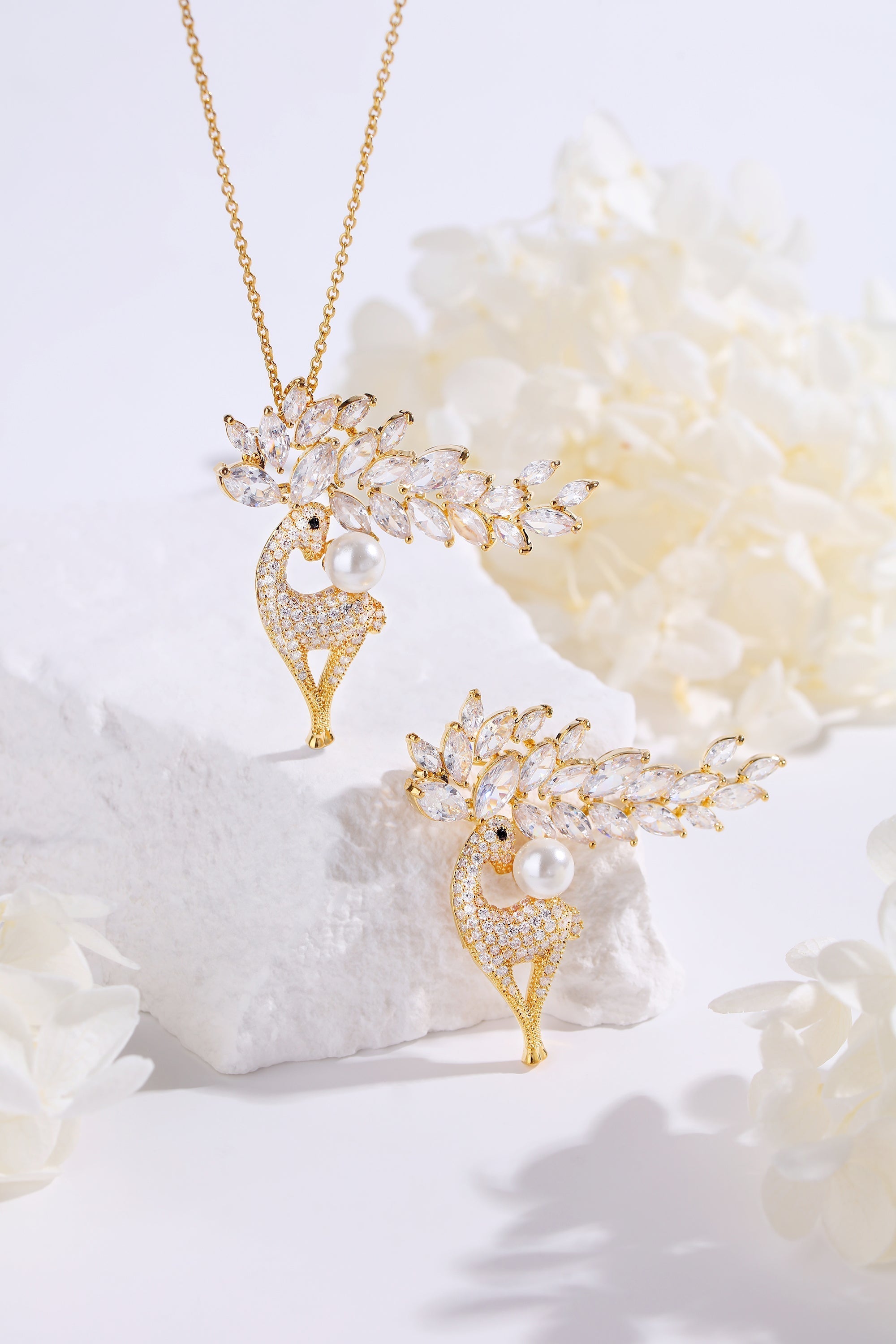 Gold Pavé and Pearl Reindeer Brooch Necklace Set