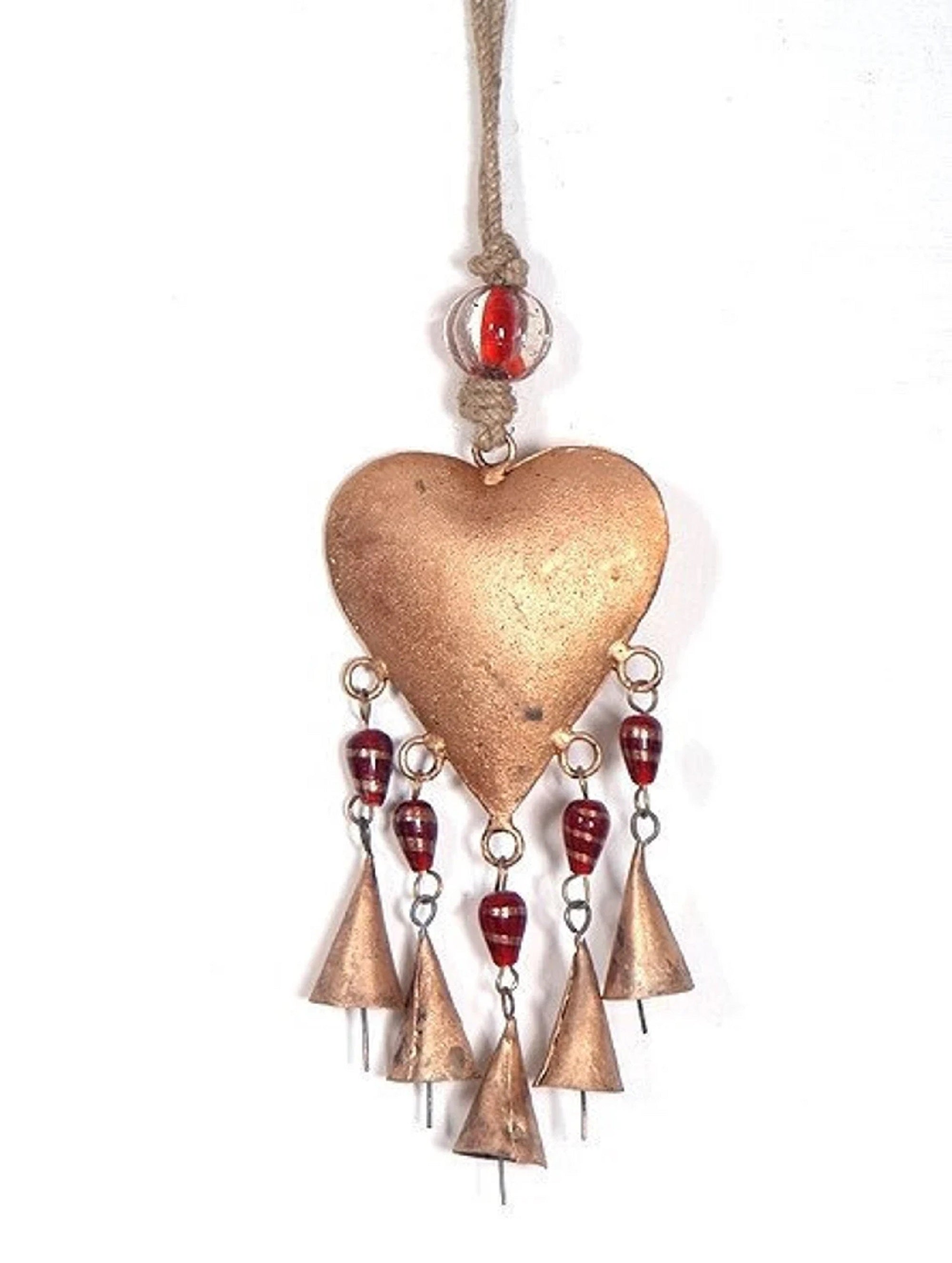 Red glass beads and bells heart shaped wind chimes