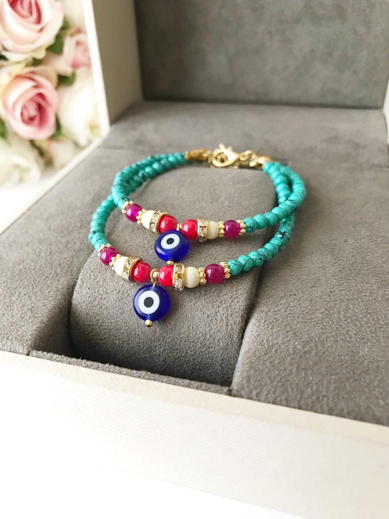 Seed Beads Bracelet, Blue Evil Eye Bead, Dainty Bracelet