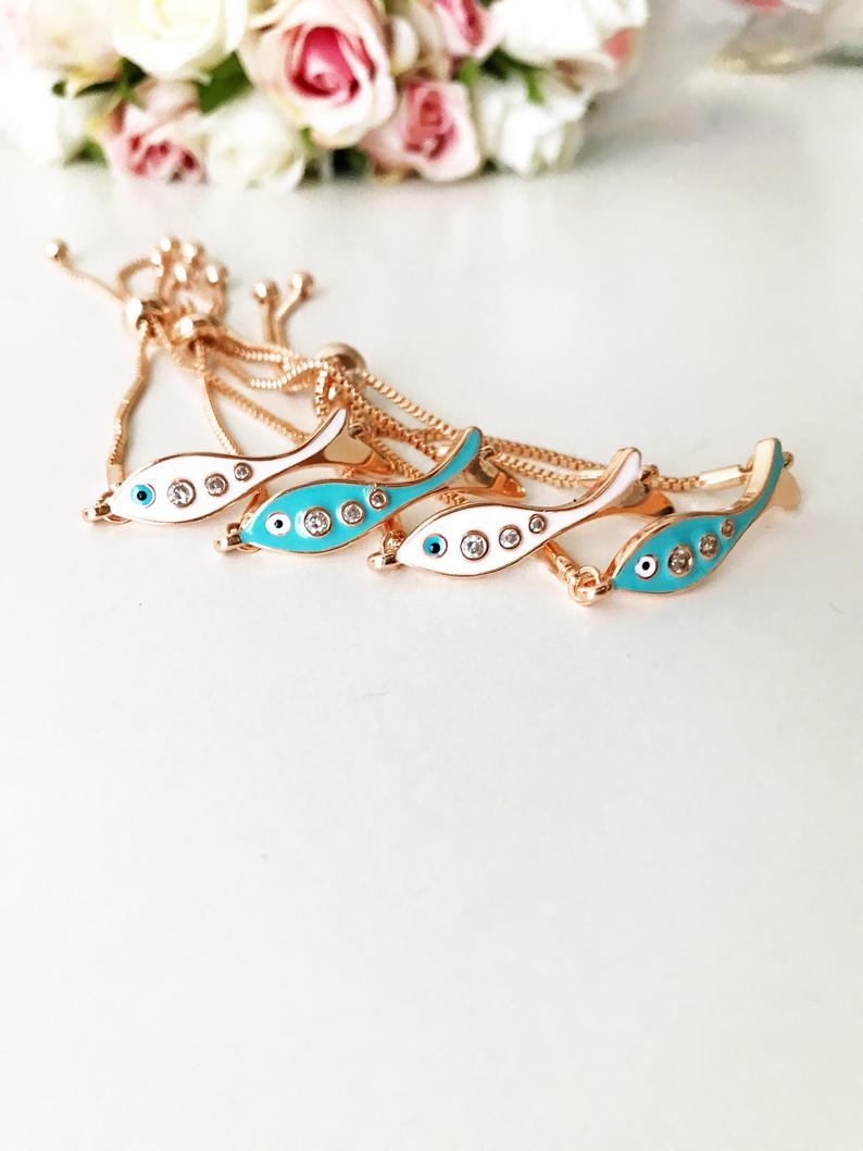 Fish Evil Eye Bracelet, Adjustable Rose Gold Bracelet, Lucky Evil Eye