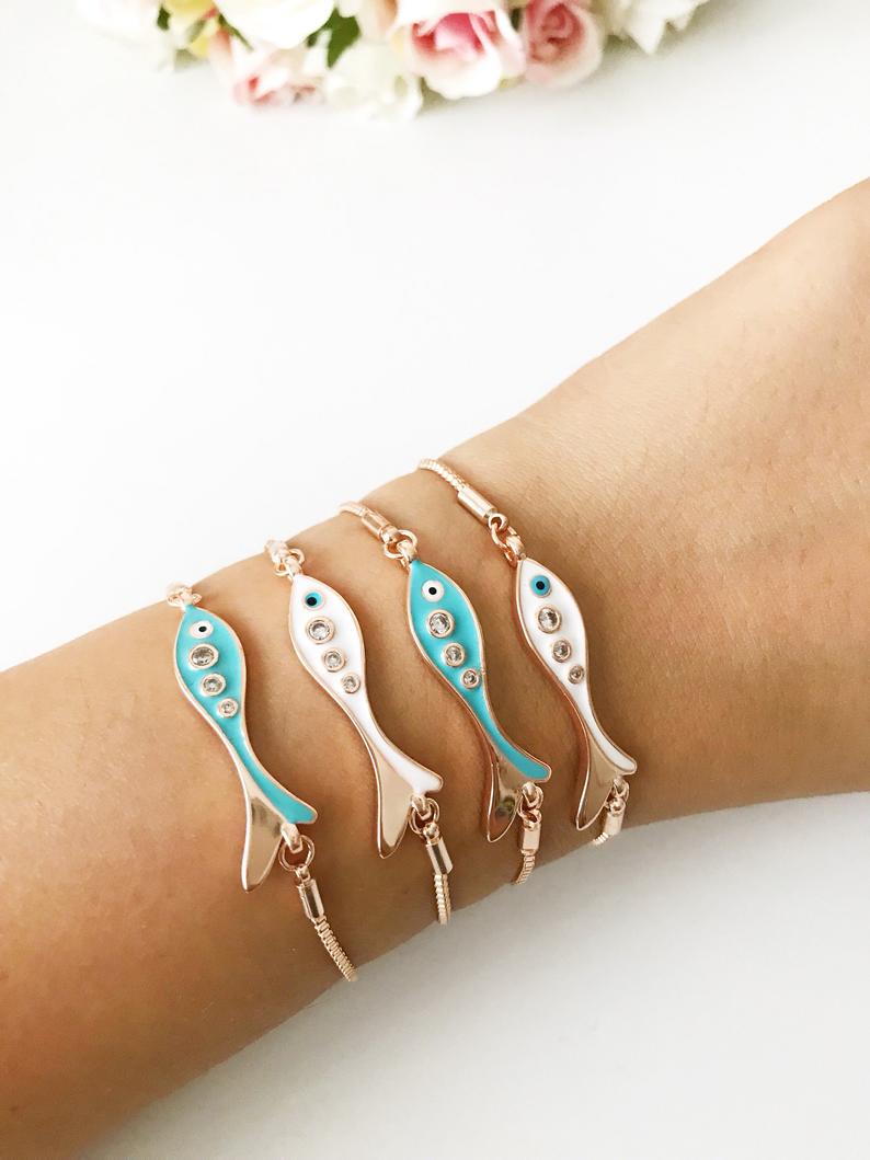 Fish Evil Eye Bracelet, Adjustable Rose Gold Bracelet, Lucky Evil Eye