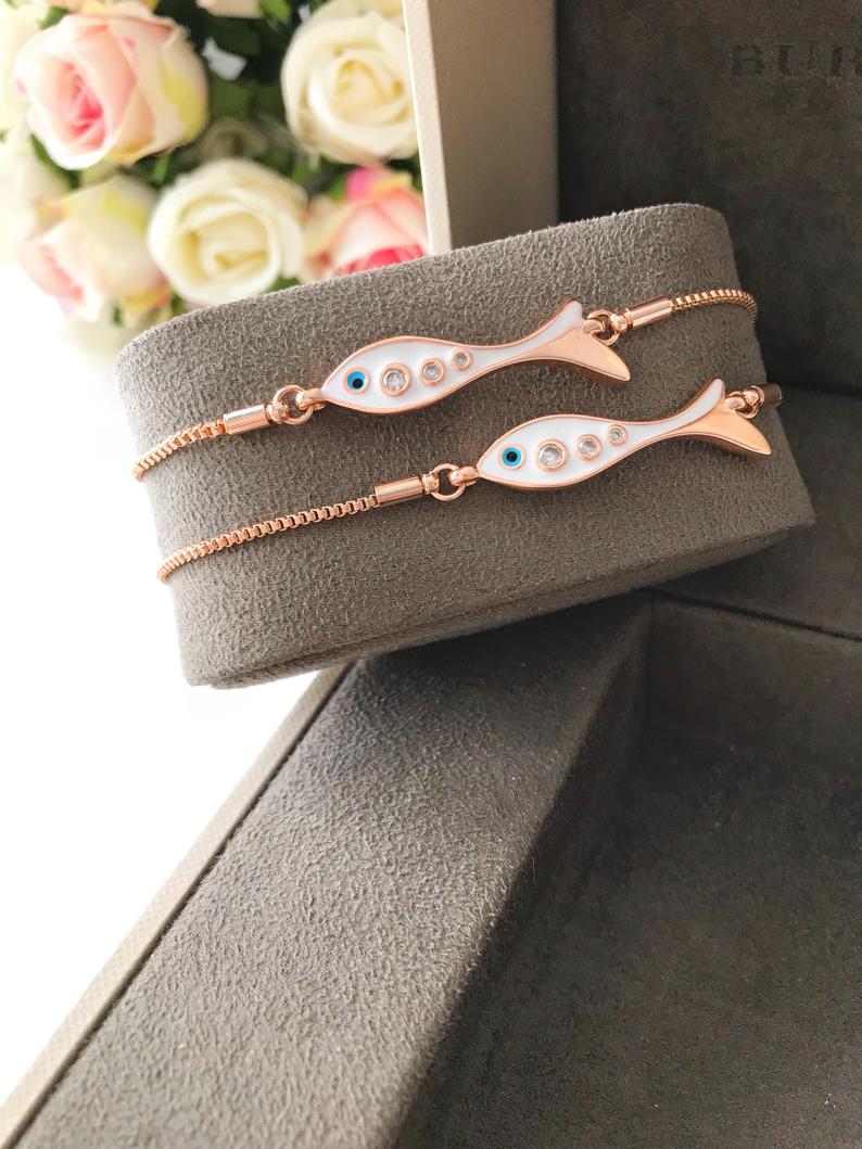 Fish Evil Eye Bracelet, Adjustable Rose Gold Bracelet, Lucky Evil Eye