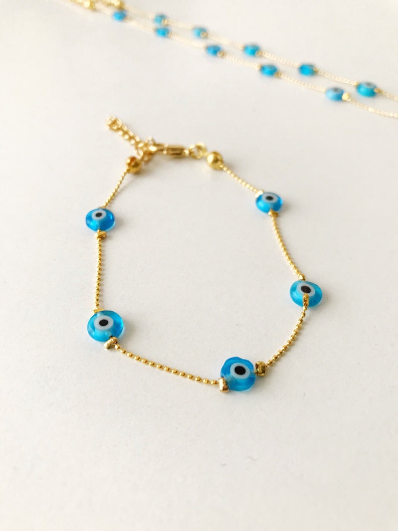 Minimalist Evil Eye Bracelet, Gold Chain Bracelet, Turkish Evil Eye