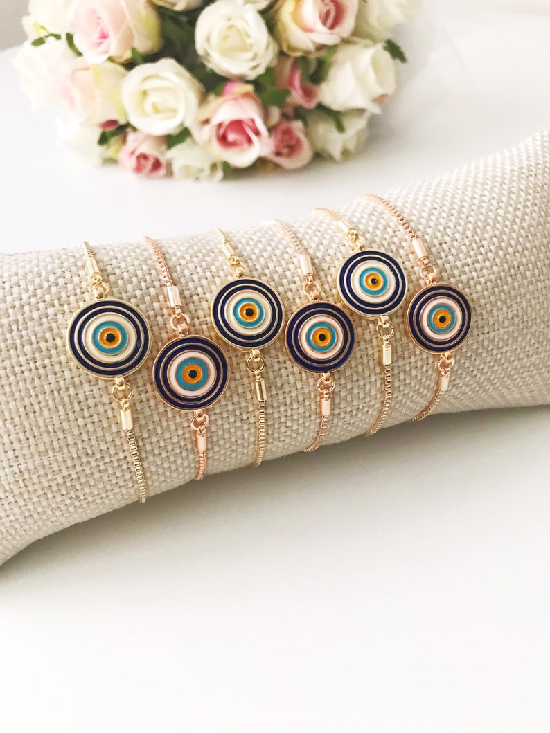 Turkish Evil Eye Bracelet, Adjustable Enamel Bracelet, Rose Gold