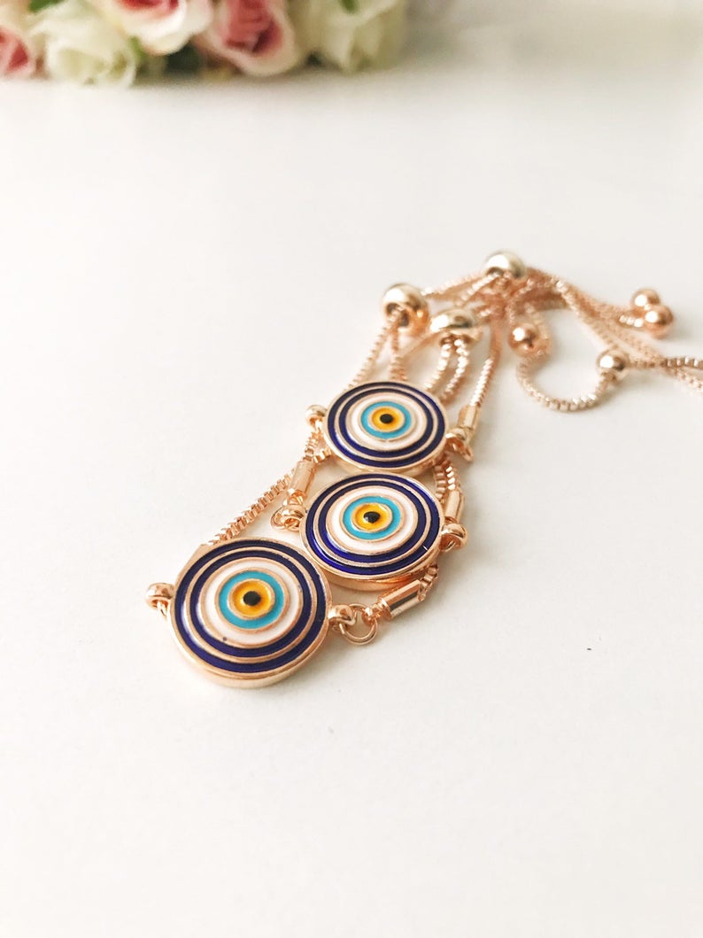 Turkish Evil Eye Bracelet, Adjustable Enamel Bracelet, Rose Gold