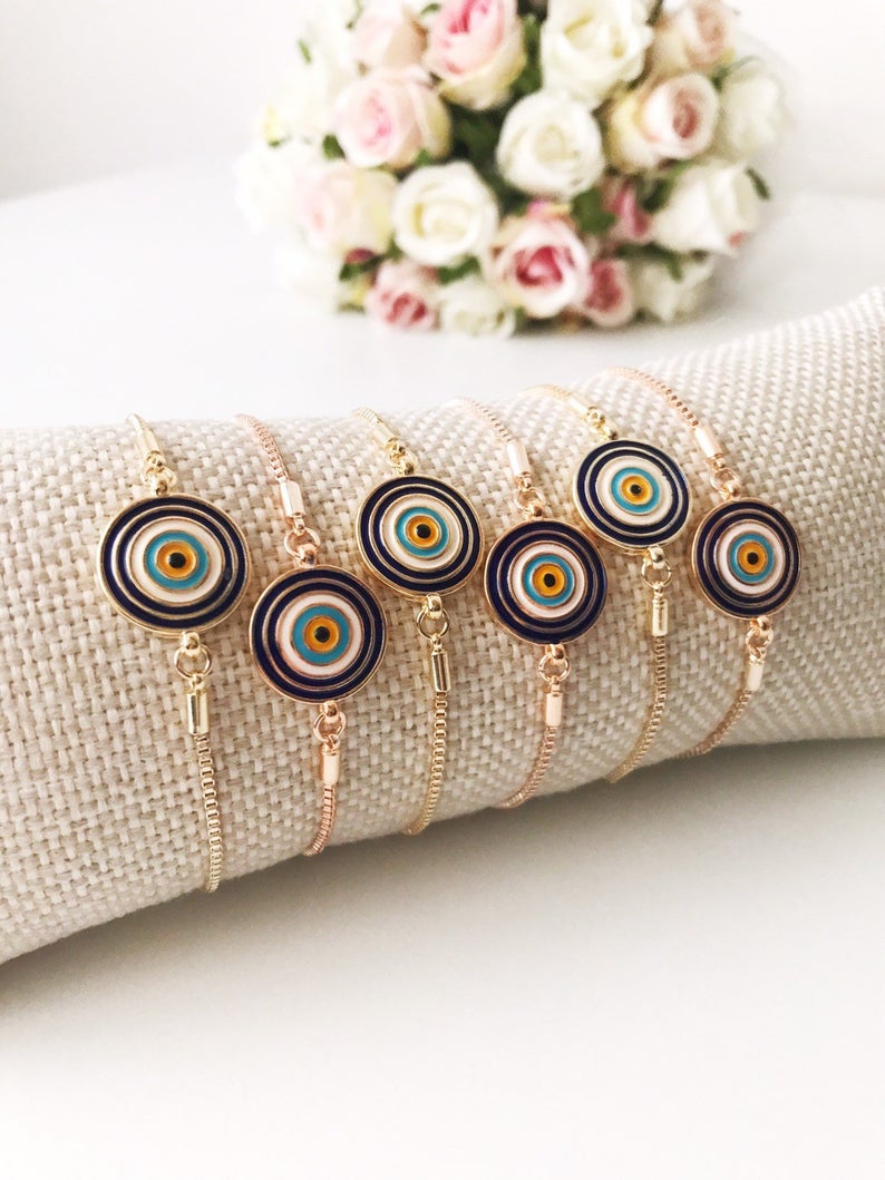 Turkish Evil Eye Bracelet, Adjustable Enamel Bracelet, Rose Gold