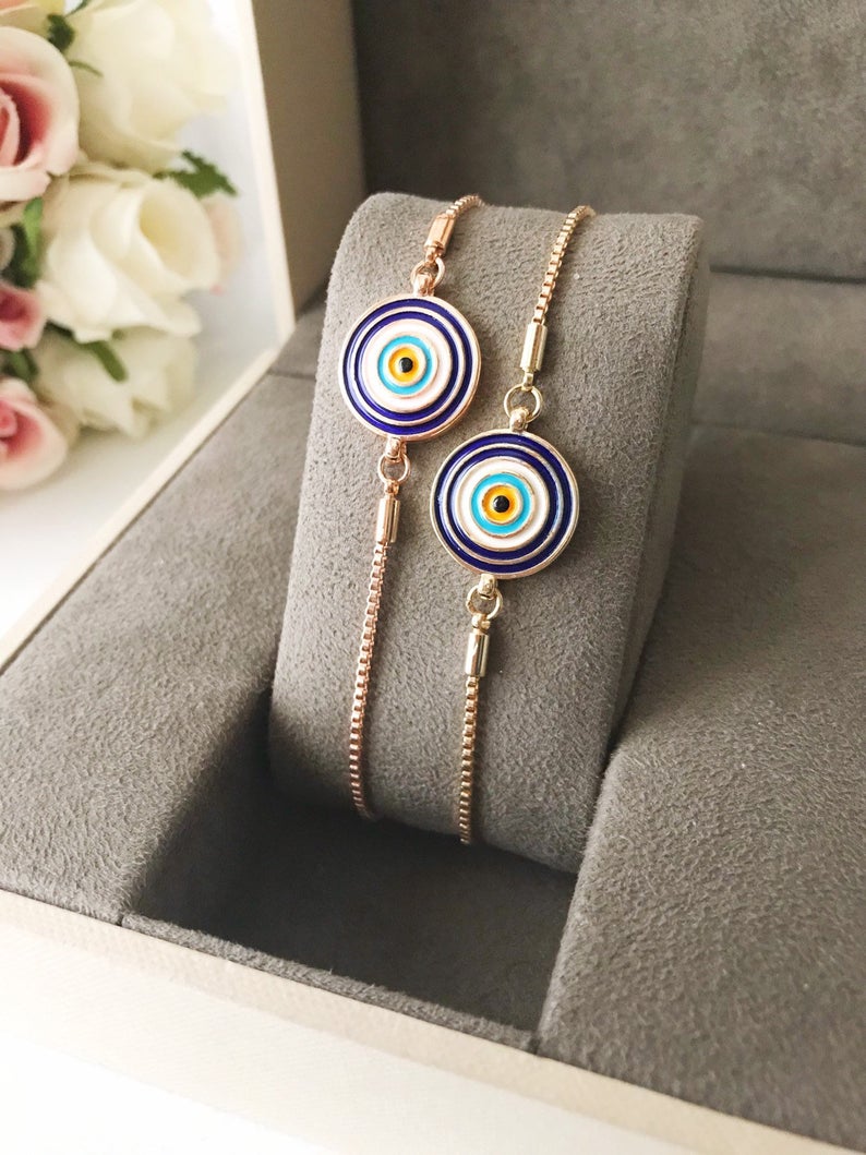 Turkish Evil Eye Bracelet, Adjustable Enamel Bracelet, Rose Gold