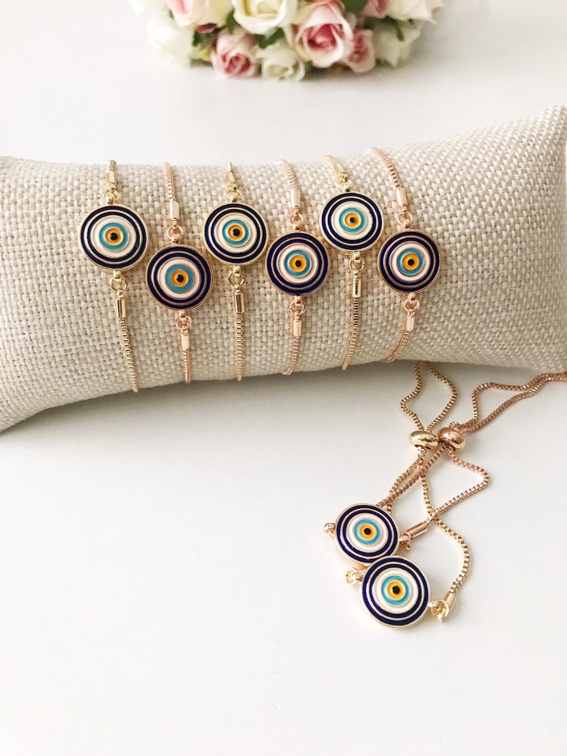 Turkish Evil Eye Bracelet, Adjustable Enamel Bracelet, Rose Gold