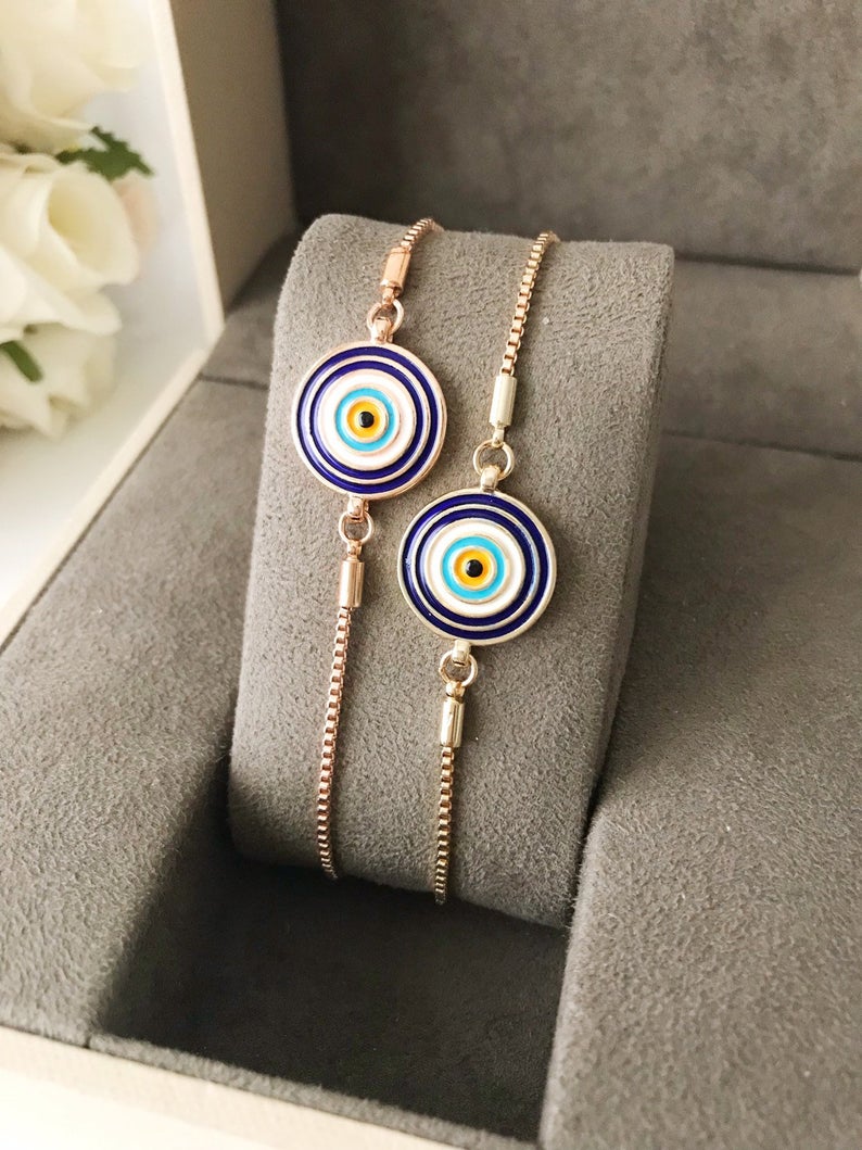 Turkish Evil Eye Bracelet, Adjustable Enamel Bracelet, Rose Gold