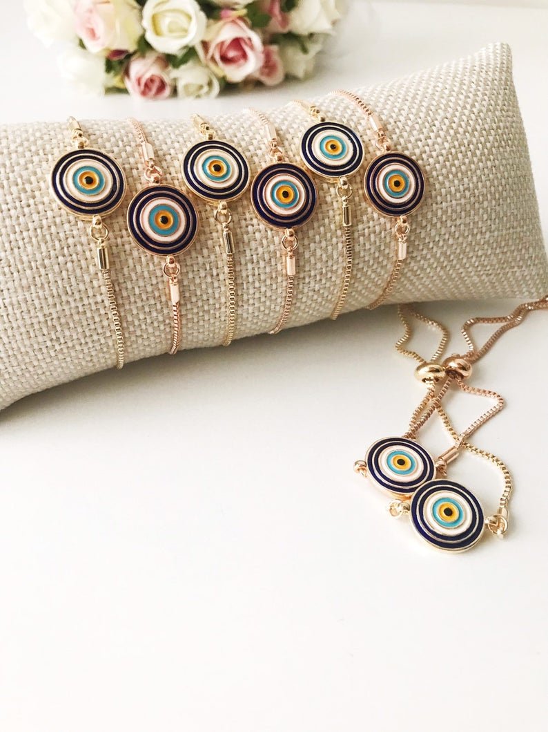 Turkish Evil Eye Bracelet, Adjustable Enamel Bracelet, Rose Gold