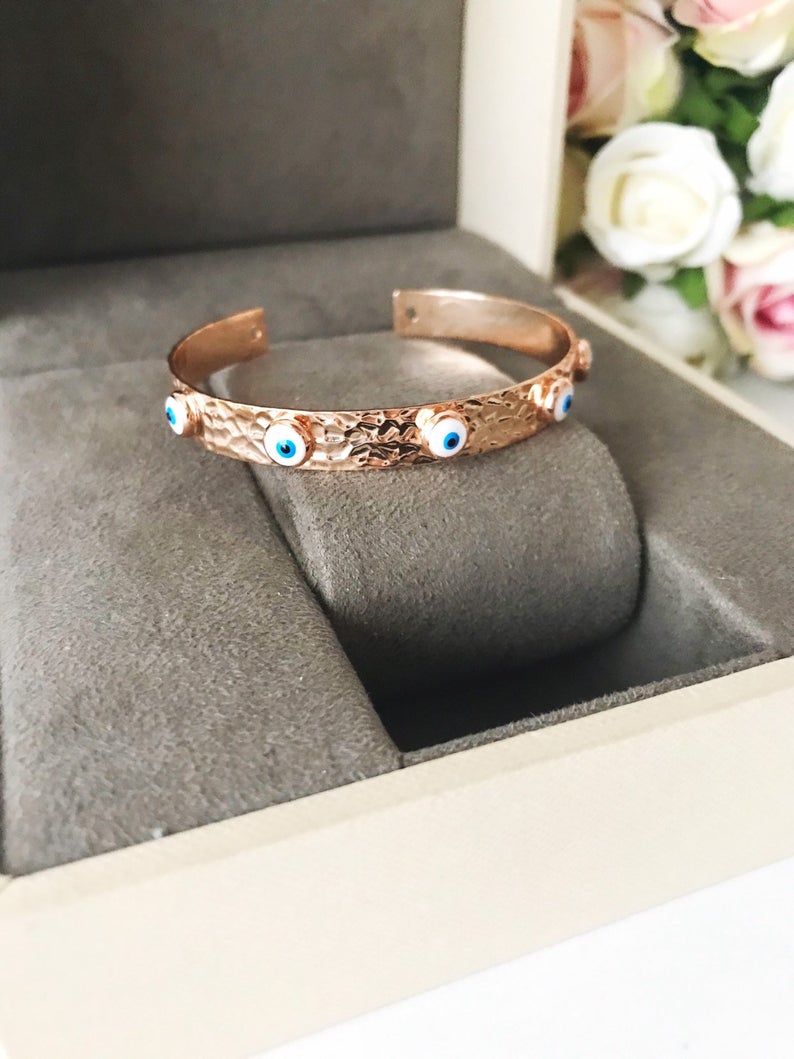 Bangle Bracelet, Evil Eye Bracelet, Rose Gold Silver Bracelet