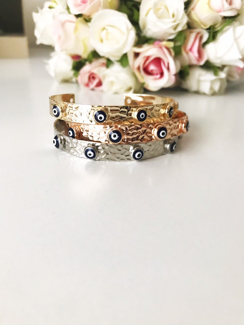 Bangle Bracelet, Evil Eye Bracelet, Rose Gold Silver Bracelet