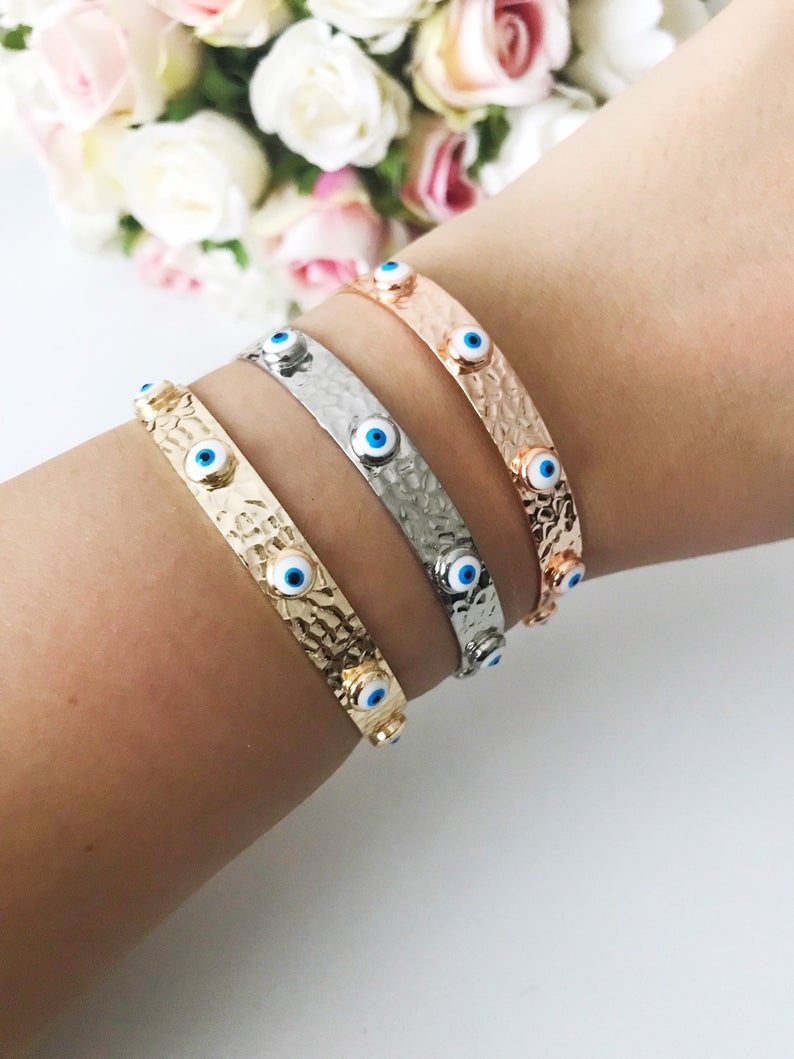 Bangle Bracelet, Evil Eye Bracelet, Rose Gold Silver Bracelet