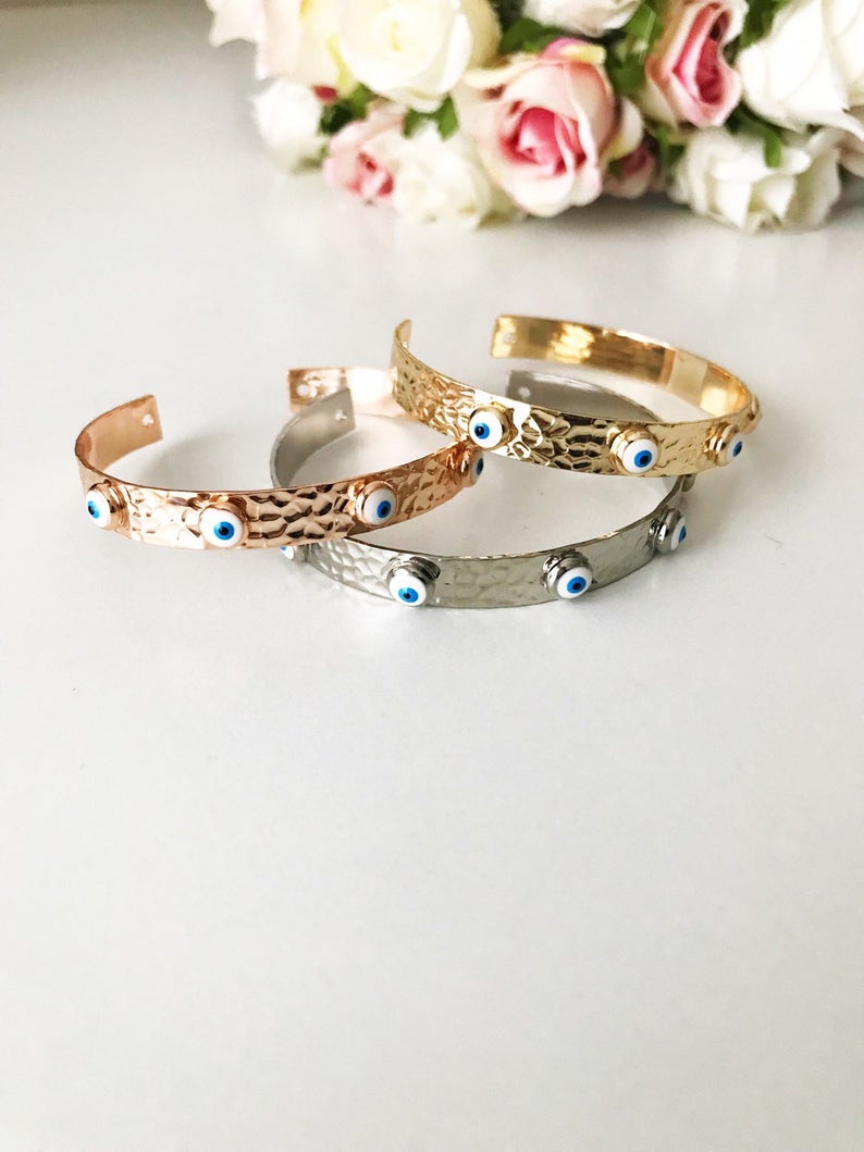 Bangle Bracelet, Evil Eye Bracelet, Rose Gold Silver Bracelet