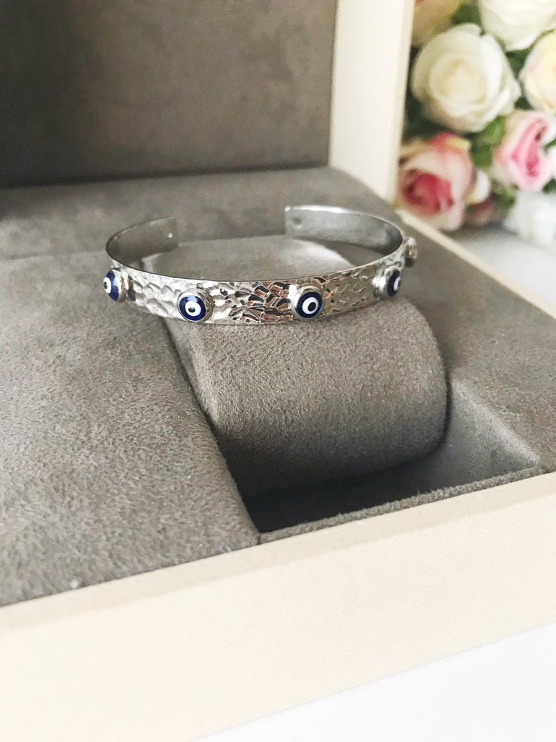 Bangle Bracelet, Evil Eye Bracelet, Rose Gold Silver Bracelet