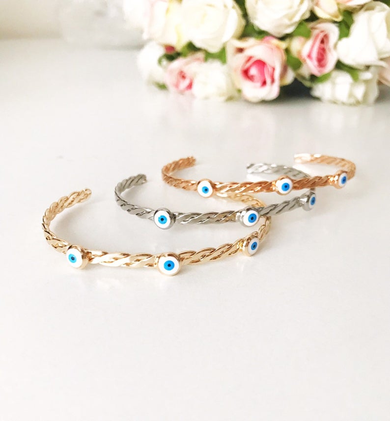 Bangle Bracelet, White Evil Eye Bead Bracelet, Evil Eye Bracelet