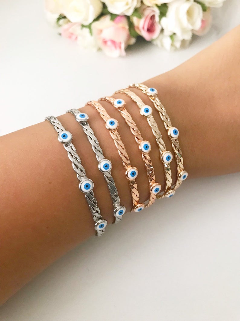 Bangle Bracelet, White Evil Eye Bead Bracelet, Evil Eye Bracelet