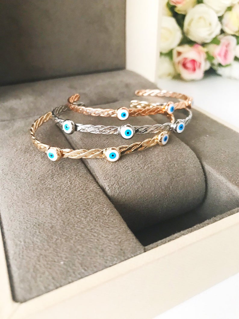 Bangle Bracelet, White Evil Eye Bead Bracelet, Evil Eye Bracelet