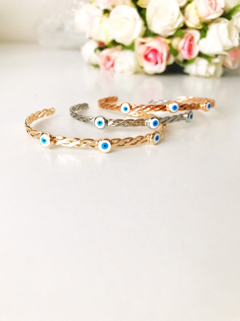 Bangle Bracelet, White Evil Eye Bead Bracelet, Evil Eye Bracelet