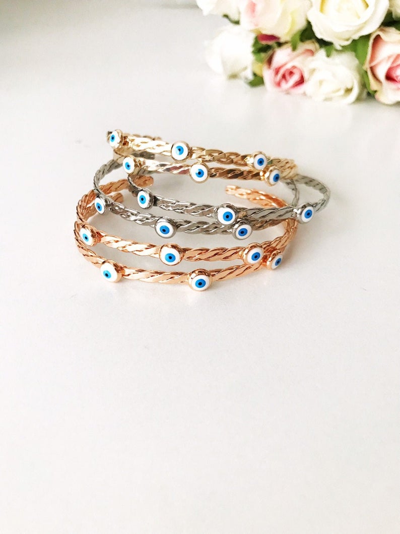 Bangle Bracelet, White Evil Eye Bead Bracelet, Evil Eye Bracelet