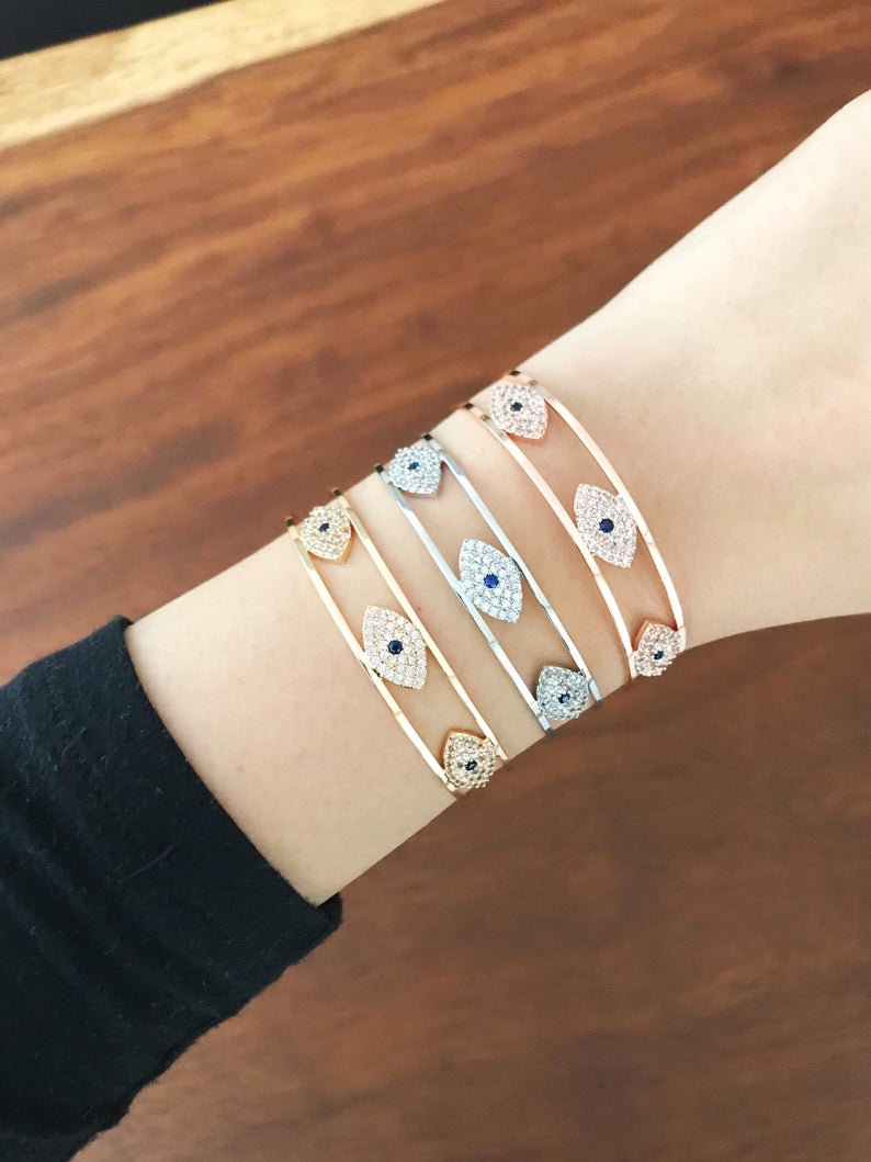 Evil Eye Bracelet, Bangle Bracelet, Rose Gold Silver Bracelet, Cuff