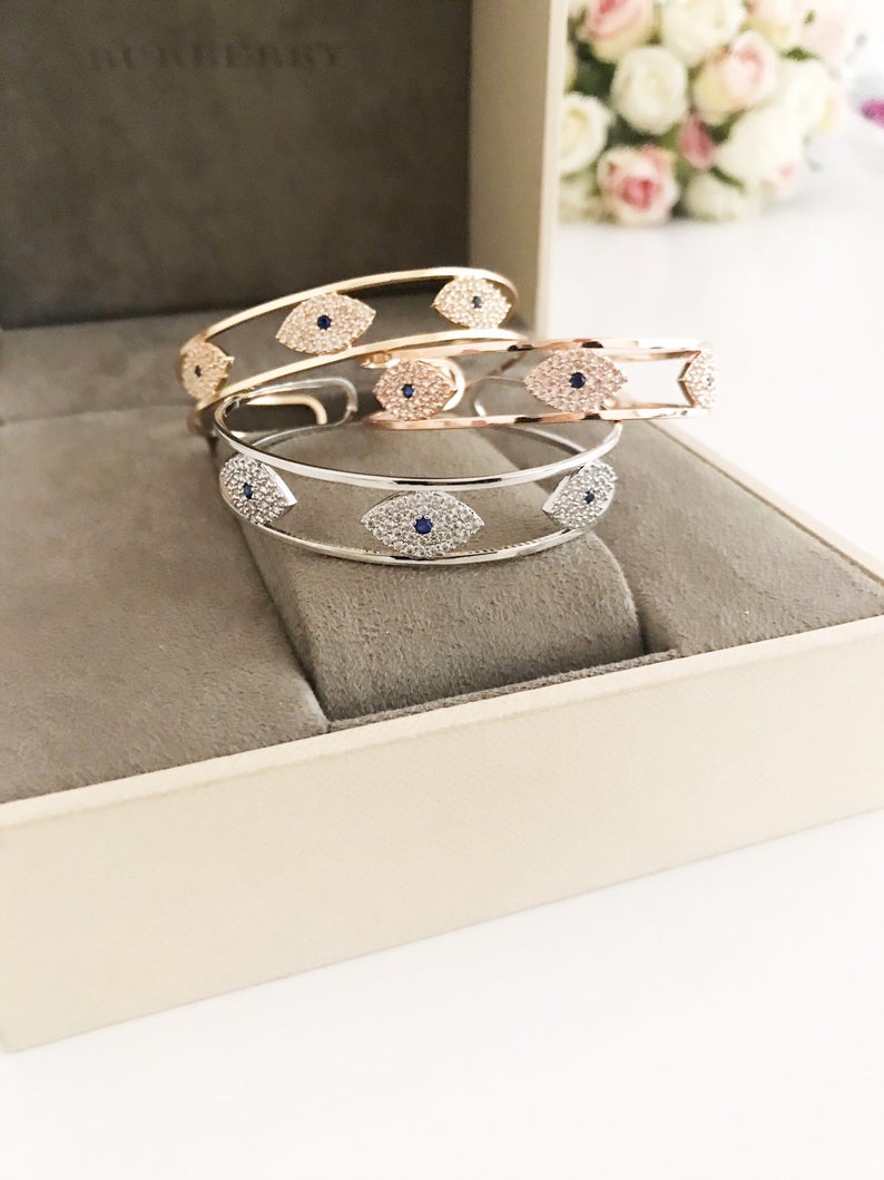 Evil Eye Bracelet, Bangle Bracelet, Rose Gold Silver Bracelet, Cuff