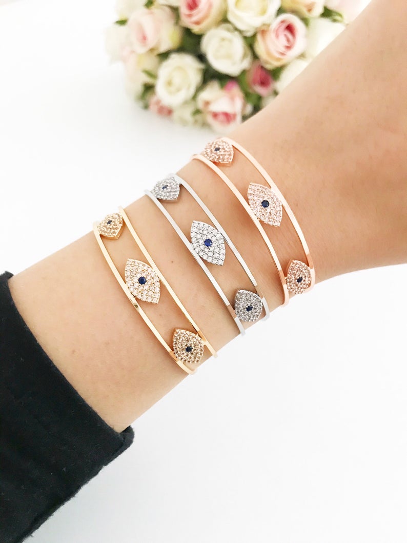 Evil Eye Bracelet, Bangle Bracelet, Rose Gold Silver Bracelet, Cuff