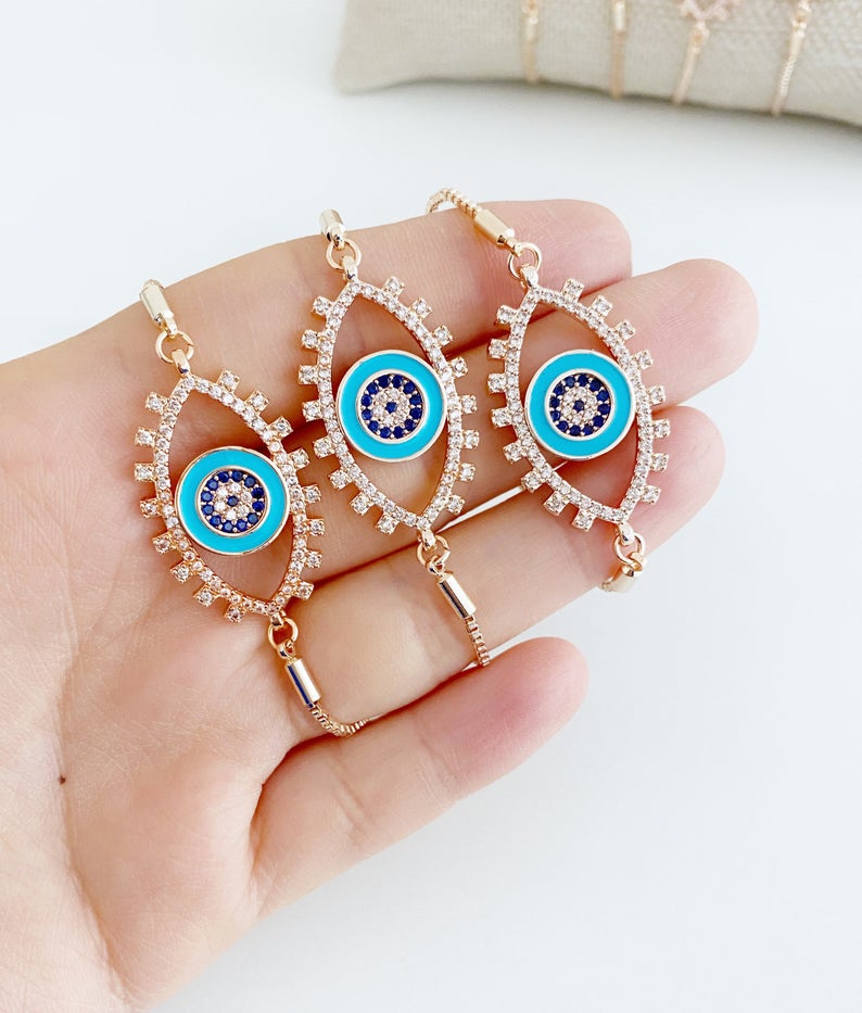 Eye shaped Evil Eye Bracelet, Adjustable Greek Evil Eye Bracelet, Rose