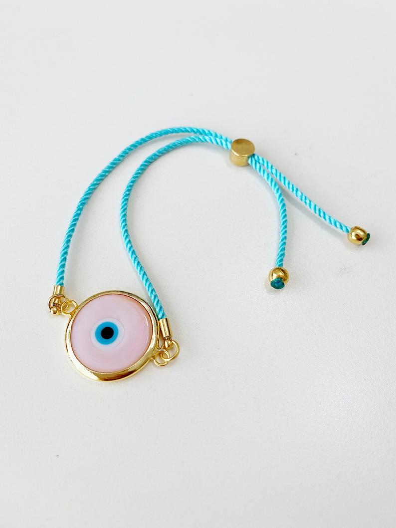 Pink Murano Evil Eye Bracelet, Adjustable Cotton String Bracelet, Evil