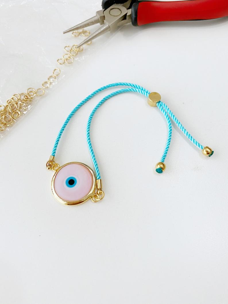 Pink Murano Evil Eye Bracelet, Adjustable Cotton String Bracelet, Evil