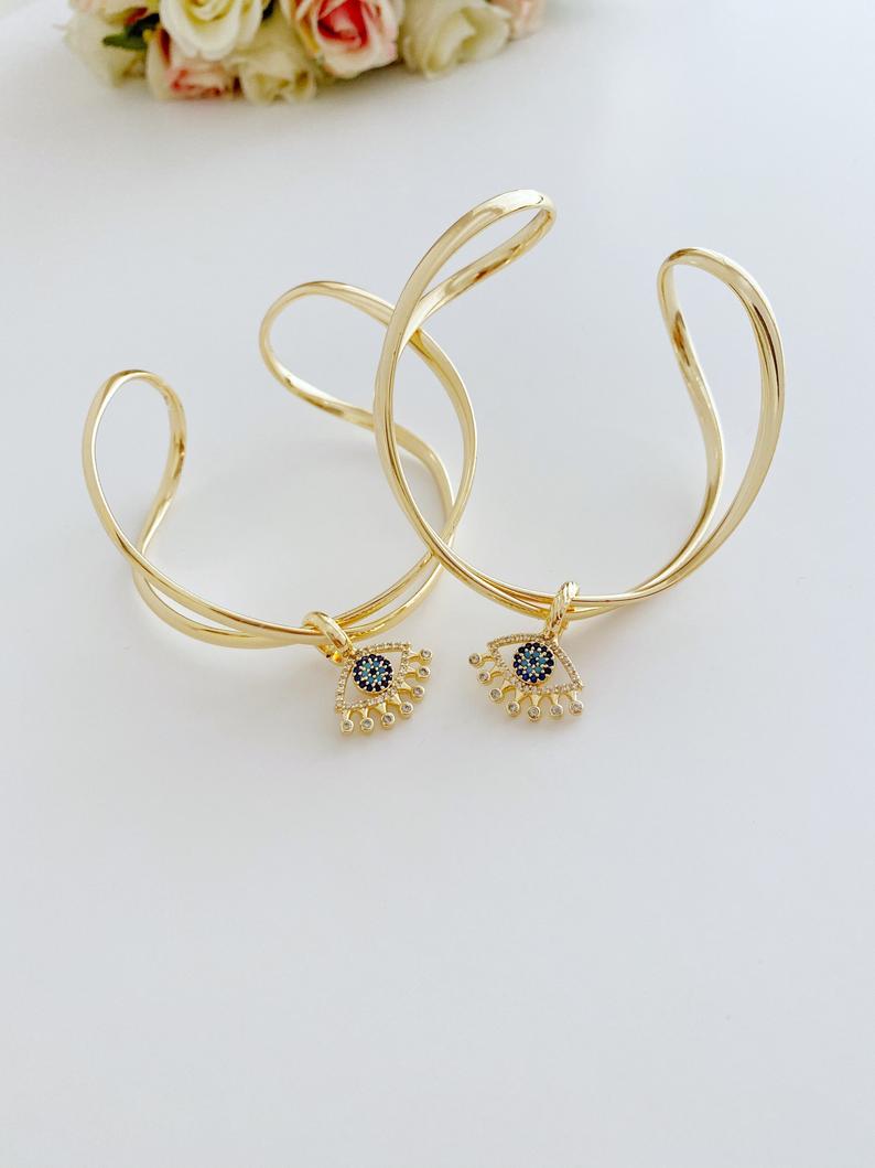 Evil Eye Bangle Bracelet, Adjustable Wide Cuff Bracelet, Gold Cuff