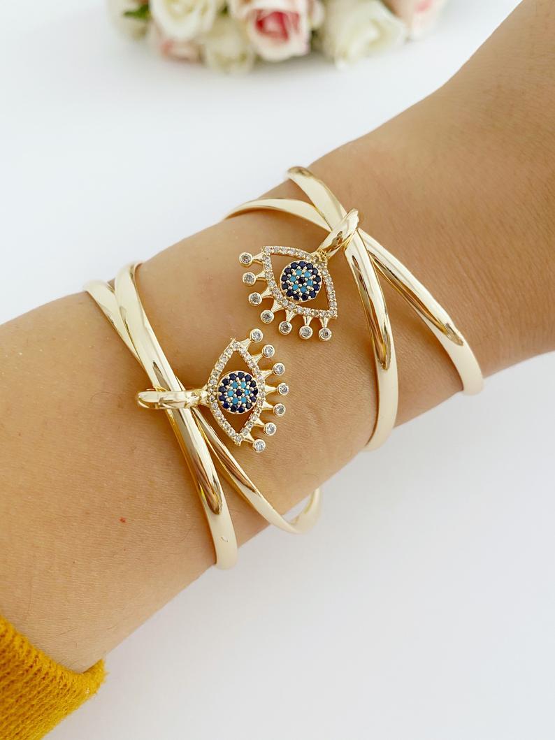 Evil Eye Bangle Bracelet, Adjustable Wide Cuff Bracelet, Gold Cuff