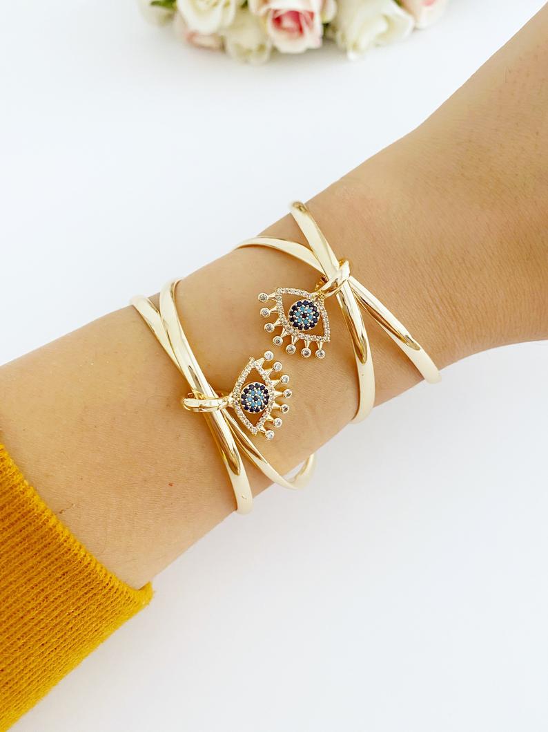 Evil Eye Bangle Bracelet, Adjustable Wide Cuff Bracelet, Gold Cuff