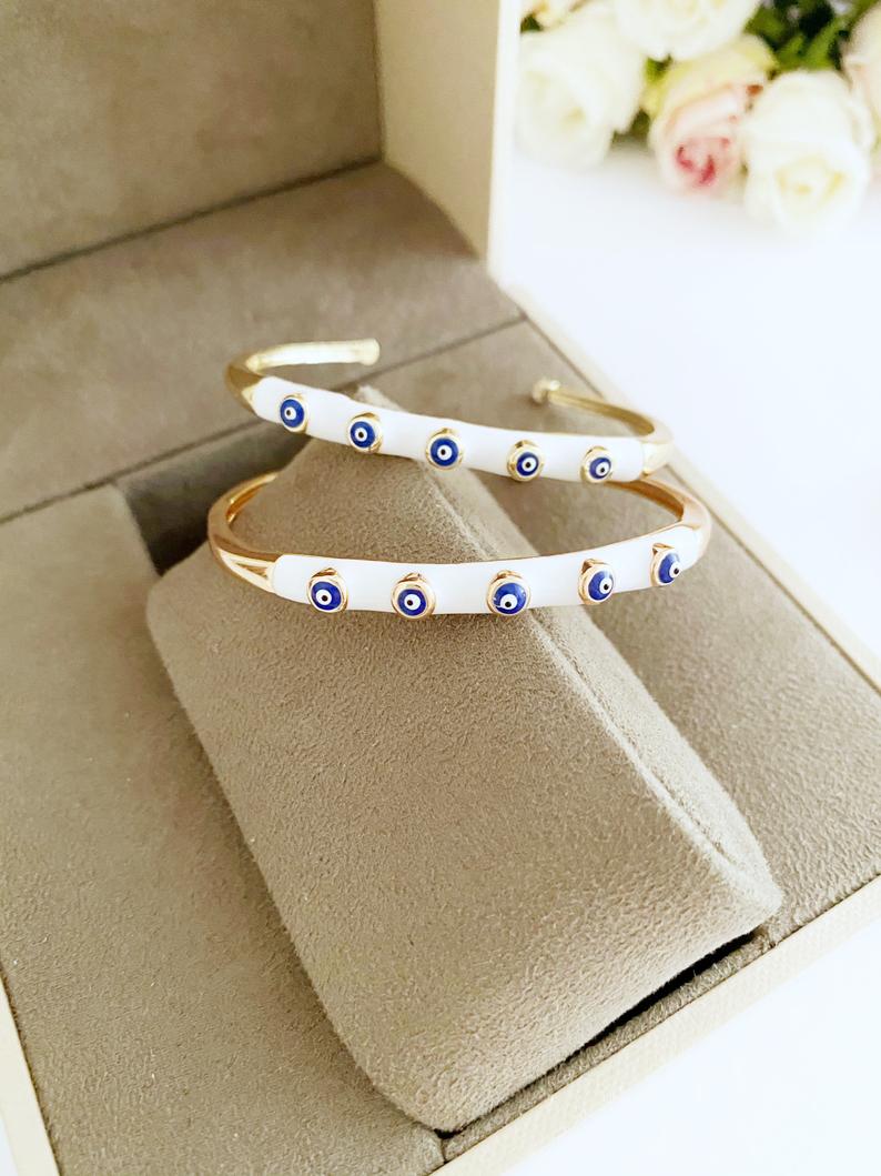 Evil Eye Bracelet, White Band Bracelet, Cuff Bracelet