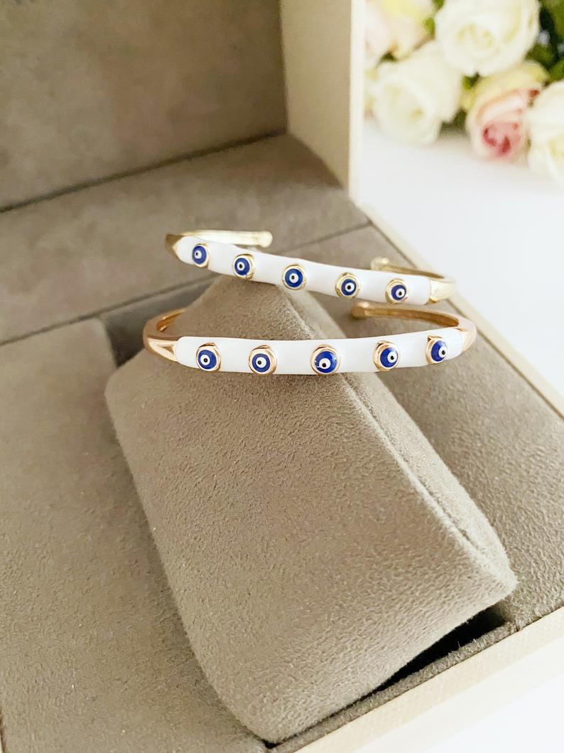 Evil Eye Bracelet, White Band Bracelet, Cuff Bracelet