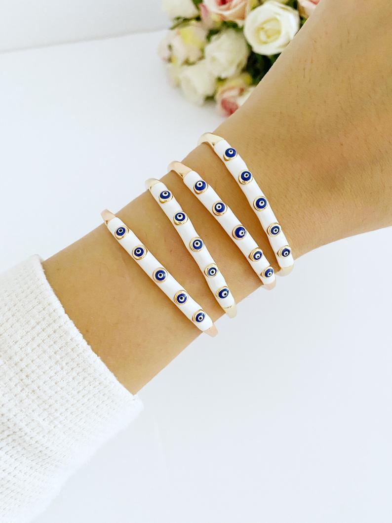 Evil Eye Bracelet, White Band Bracelet, Cuff Bracelet