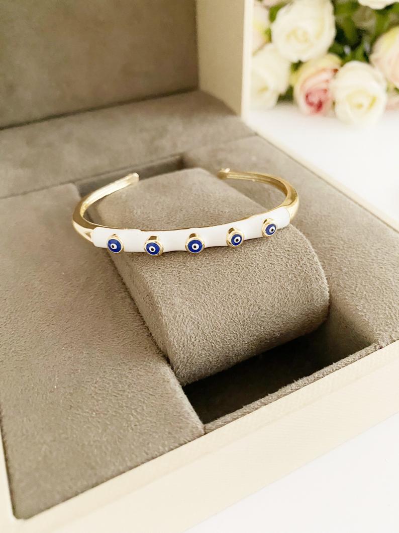 Evil Eye Bracelet, White Band Bracelet, Cuff Bracelet