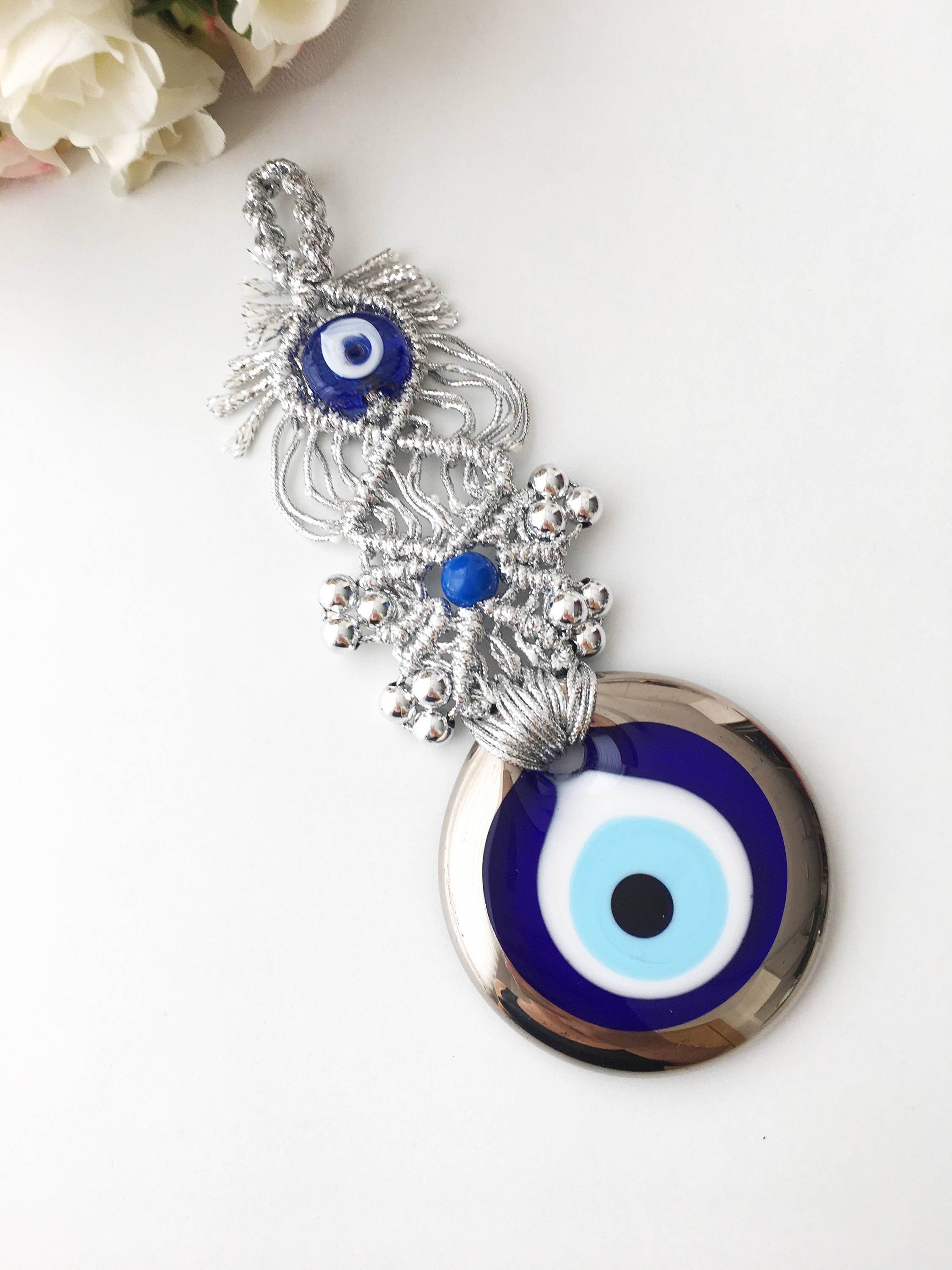 Silver Macrame Evil Eye Wall Hanging