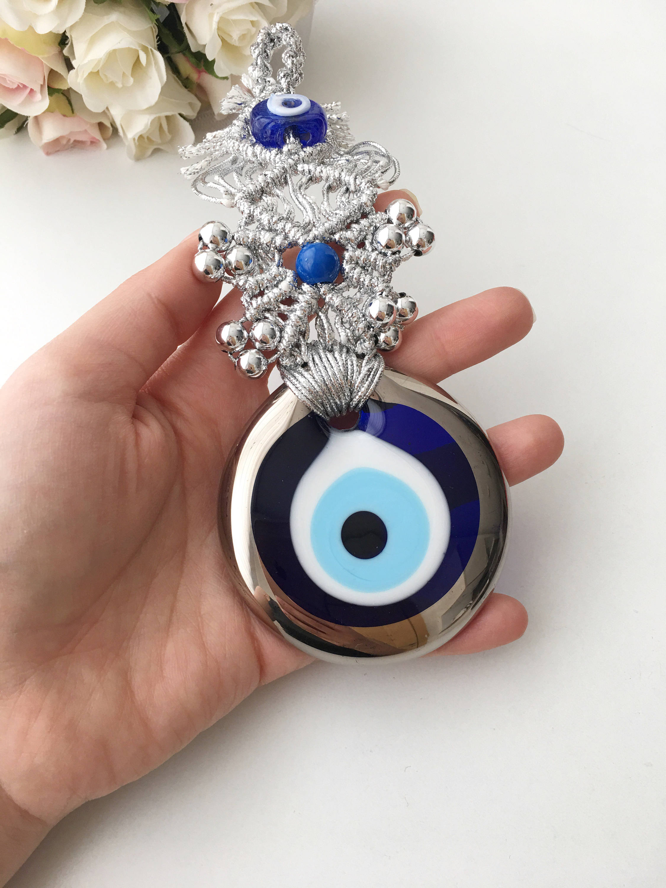 Silver Macrame Evil Eye Wall Hanging