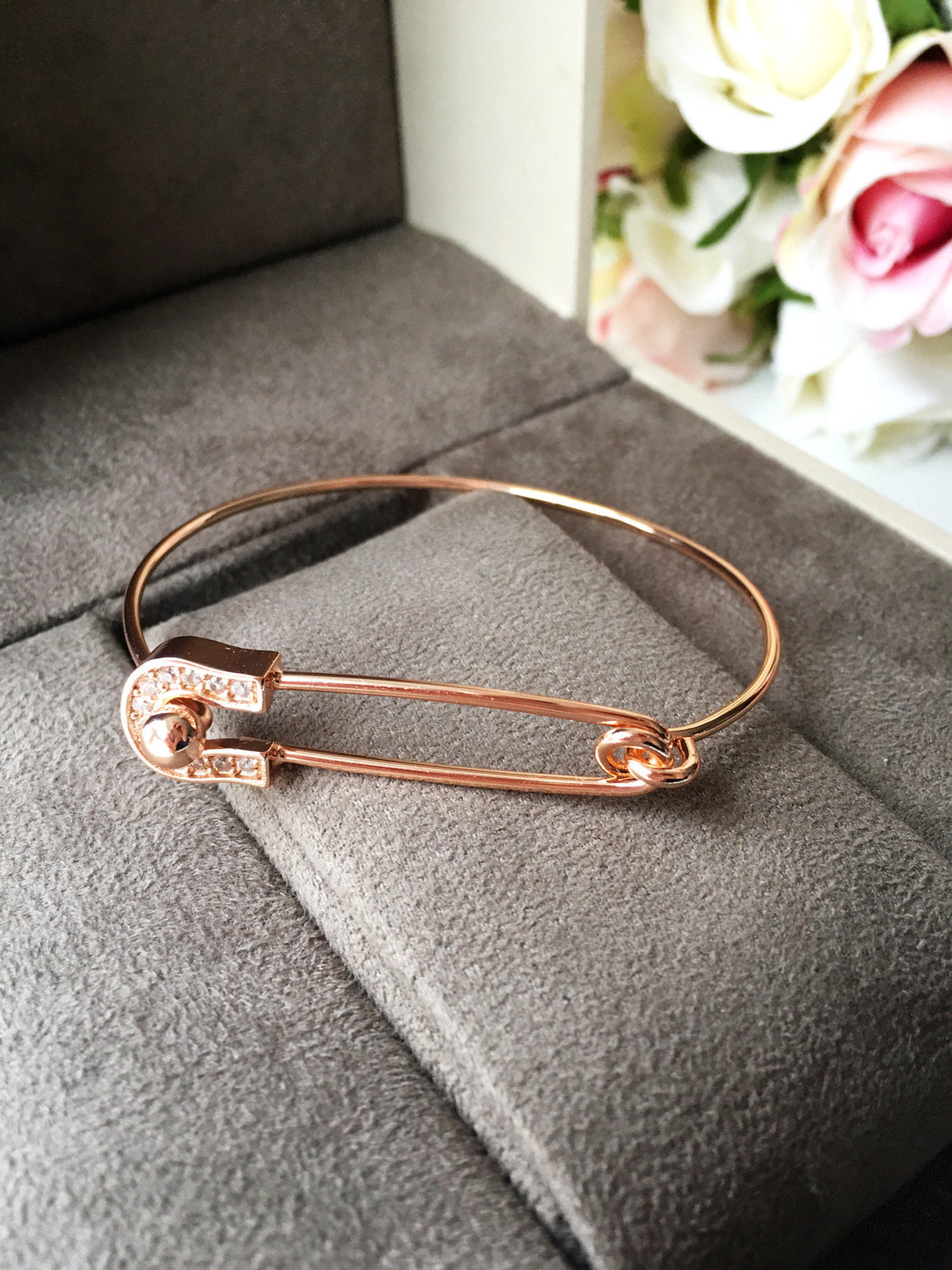 Safety Pin Bangle Bracelet, Silver Rose Gold Cuff Bracelet, Bangles