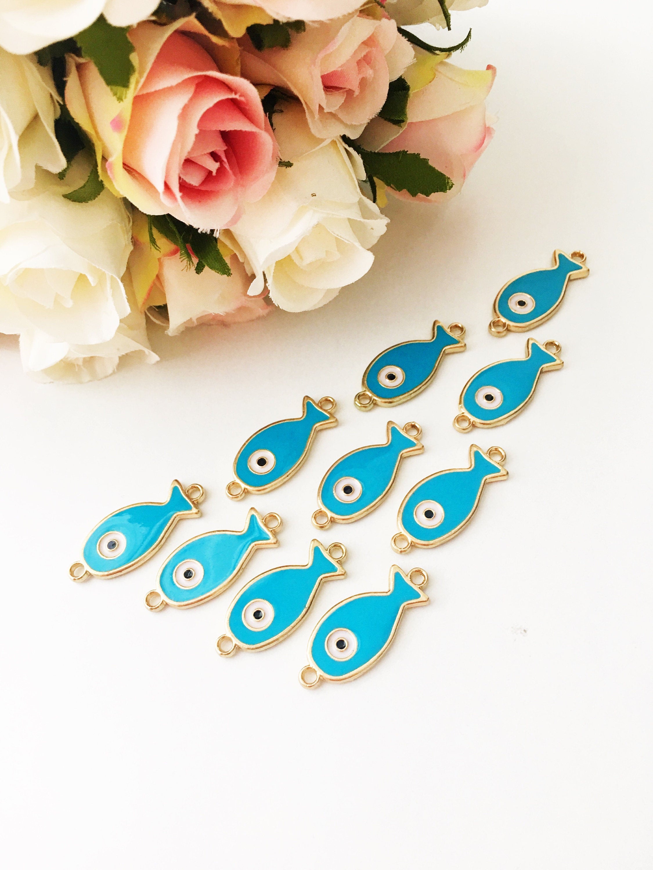 Evil eye charm, turquoise pendant, 2 pcs fish charm for necklace, evil