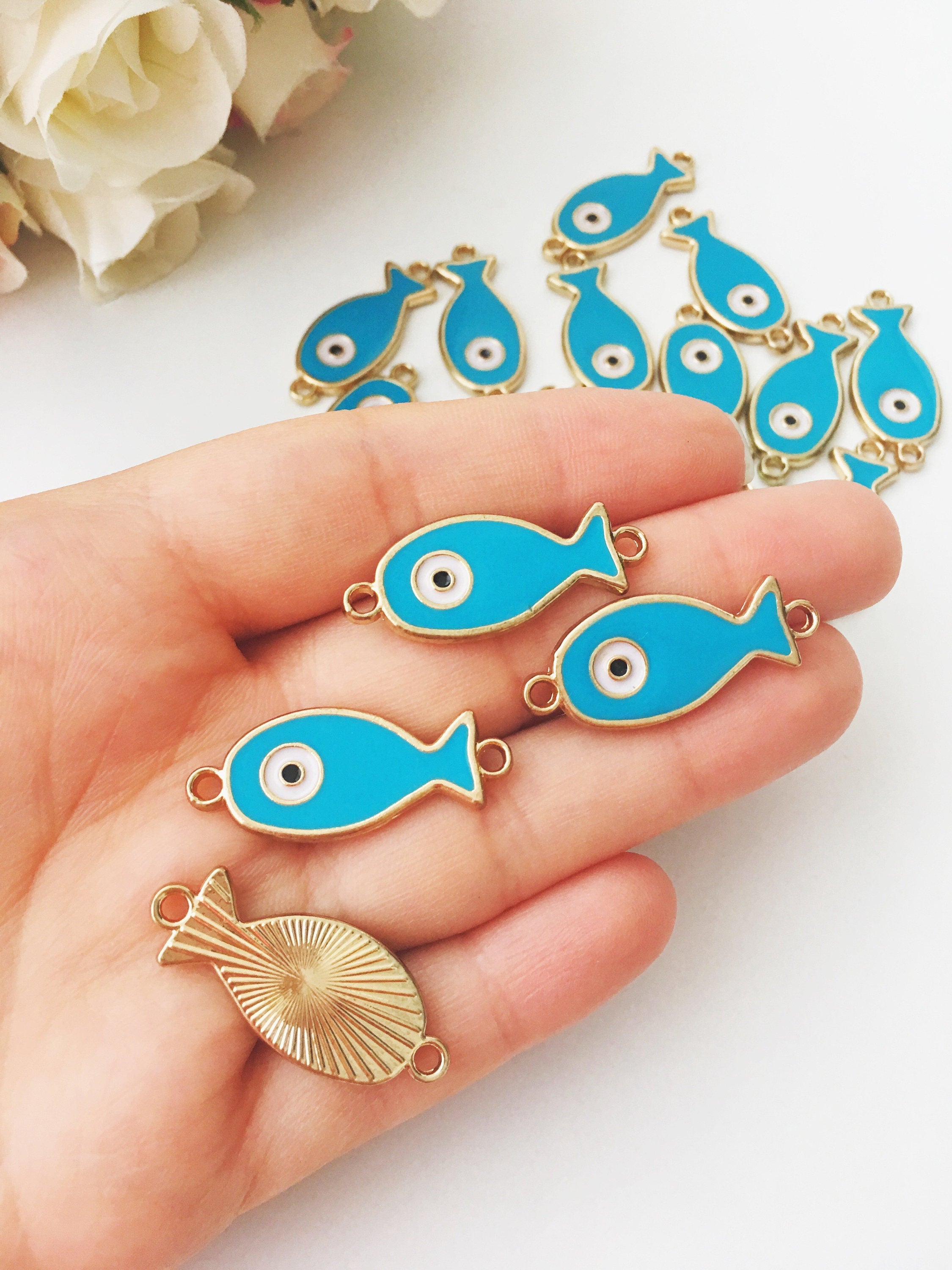 Evil eye charm, turquoise pendant, 2 pcs fish charm for necklace, evil