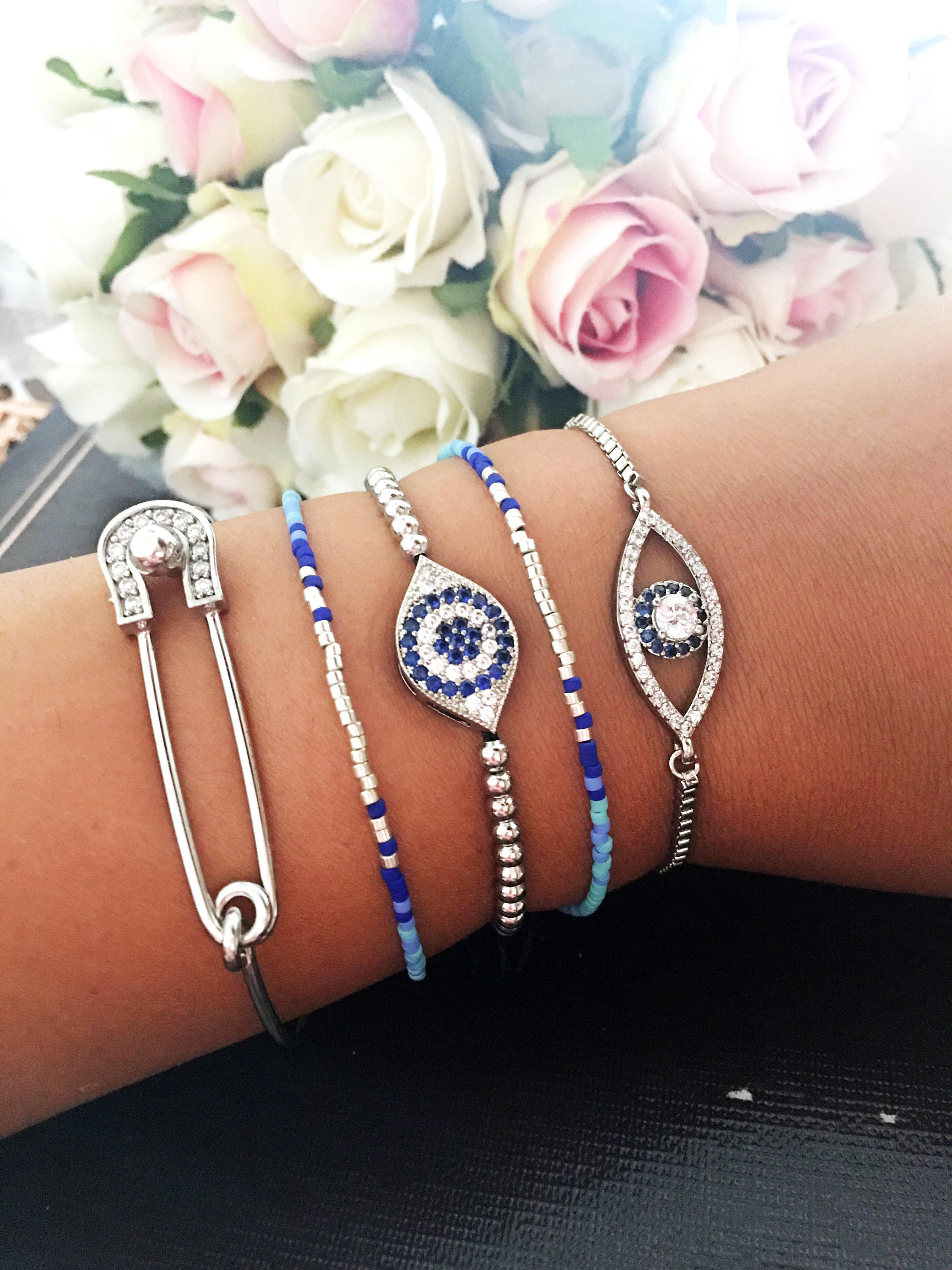 Evil Eye Bracelet, Silver Bracelet Set, Bangle Bracelet