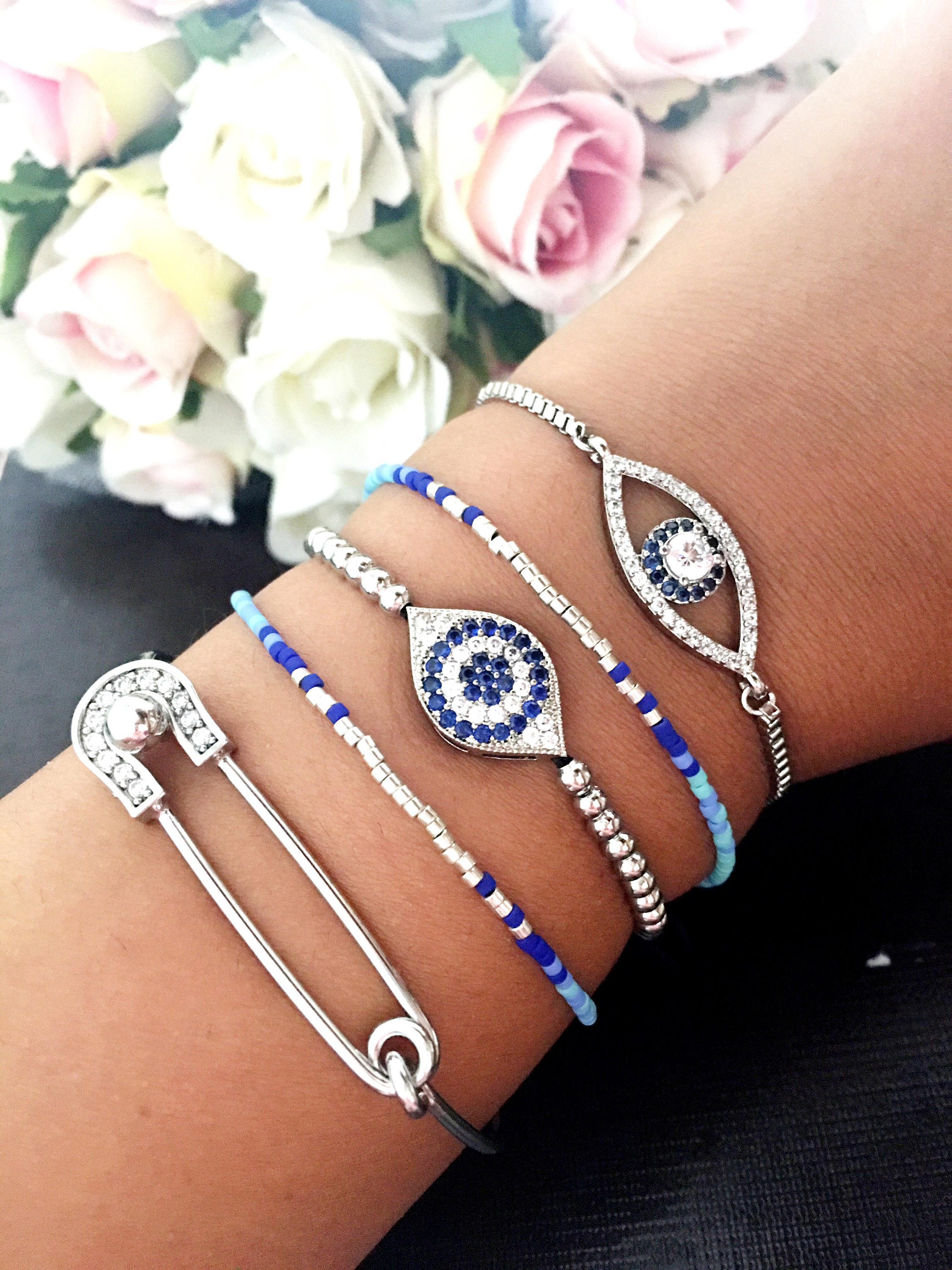 Evil Eye Bracelet, Silver Bracelet Set, Bangle Bracelet